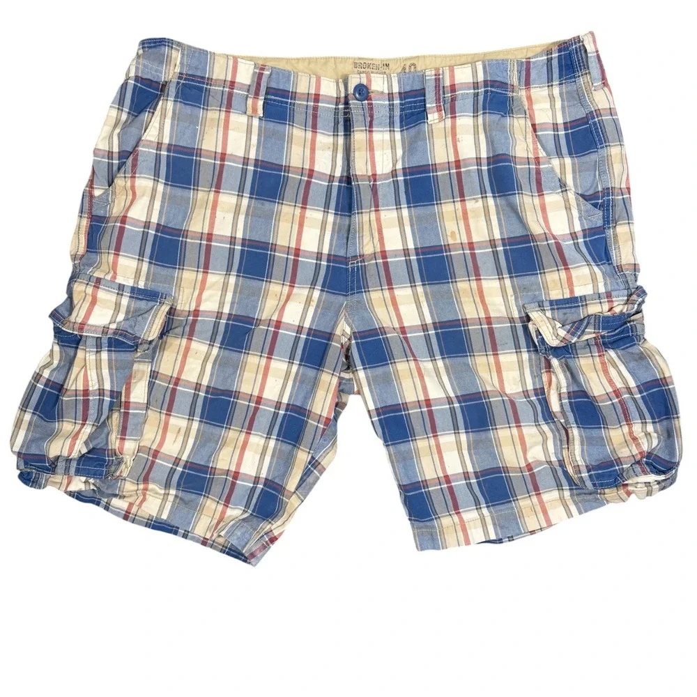 Old Navy Broken-In Cargo Shorts Mens‎ 40 Blue Plaid Cotton Utility Casual